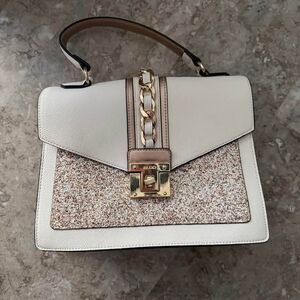 ALDO White Top Handle Bag Gold Chain Lock Glitter Panel